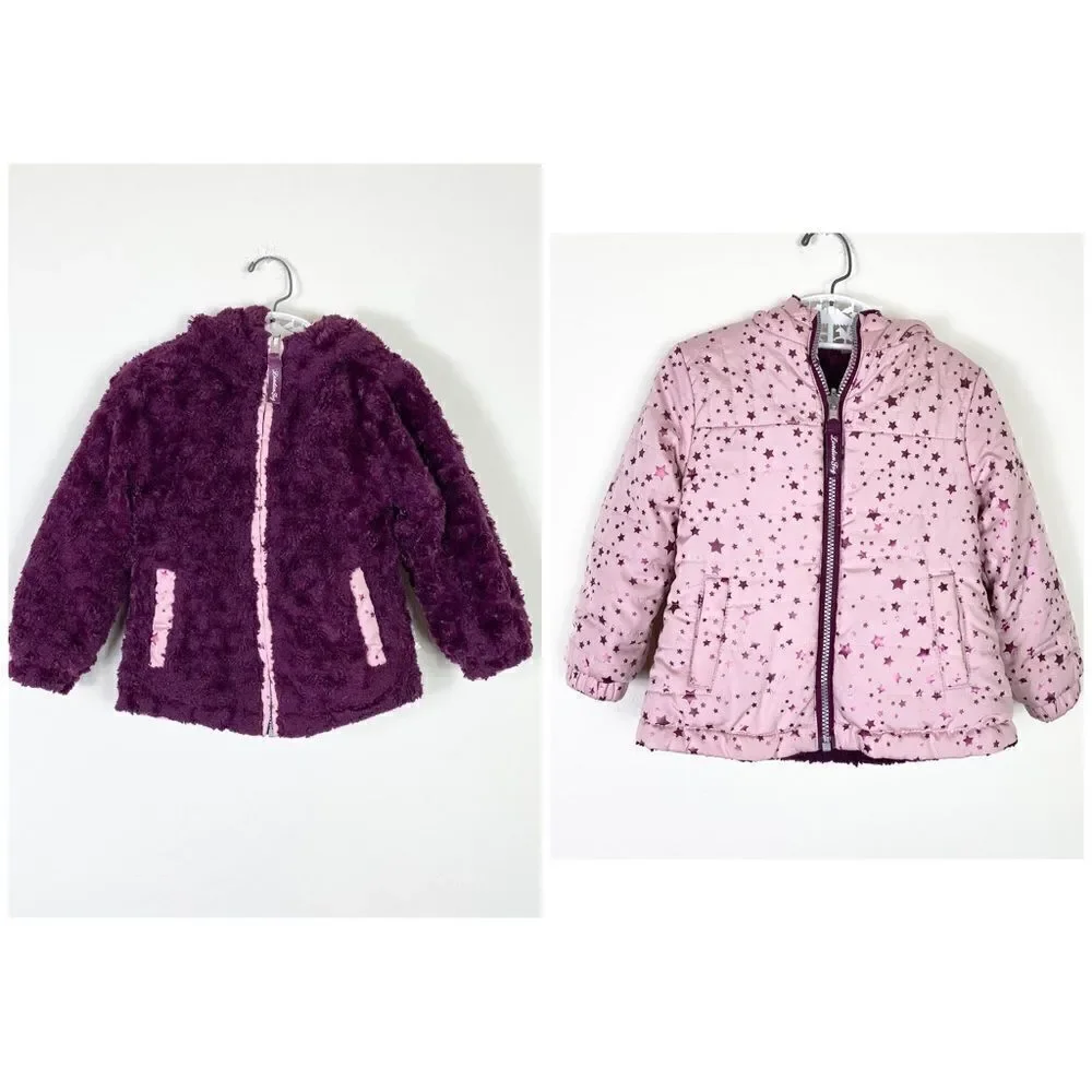 Reversible London Fog Little Girls Pink & Metallic Purple Star Puffer Jacket